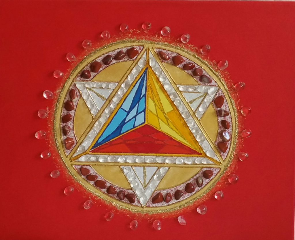 Tableau n°8 - Crop Circle rouge - avec des cristaux naturels de l'artiste Maria Adelfa GUILLEN